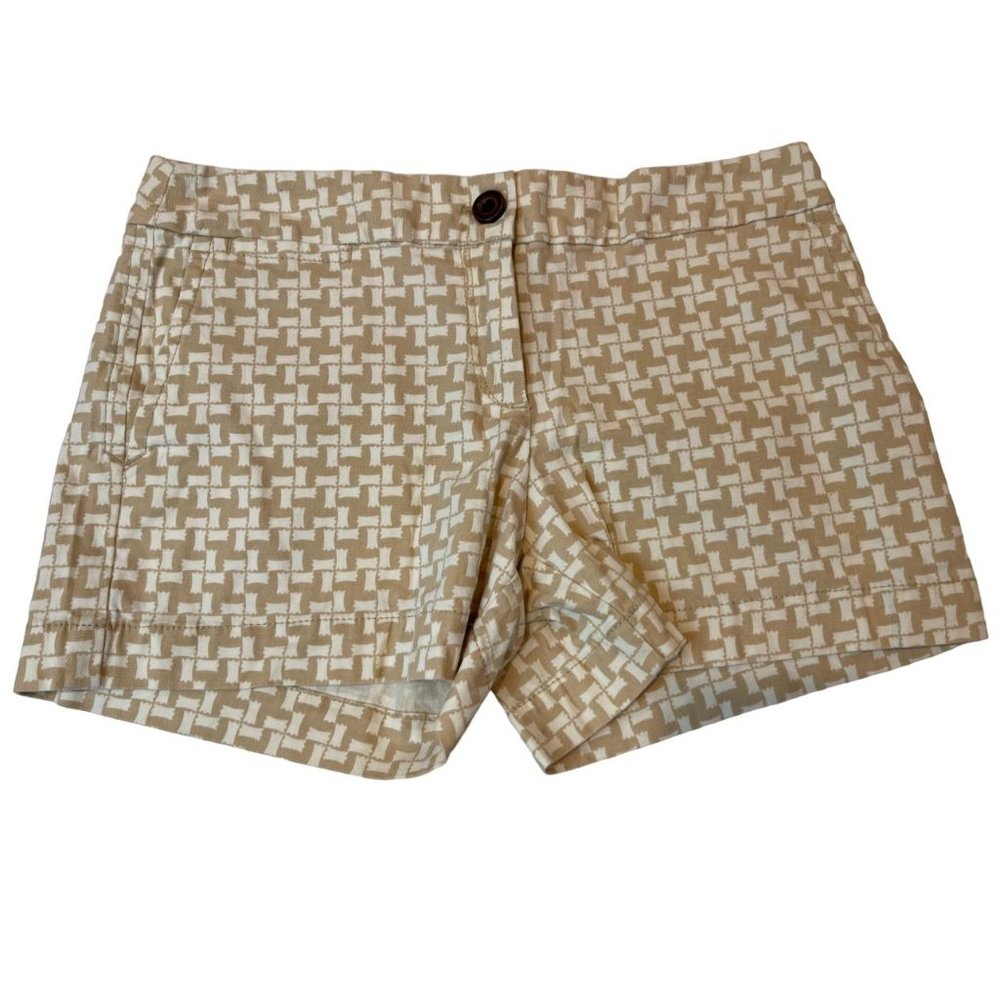 Ann Taylor Loft Womens Geometric Chino Shorts Stretch Mid Rise White Brown SZ 2